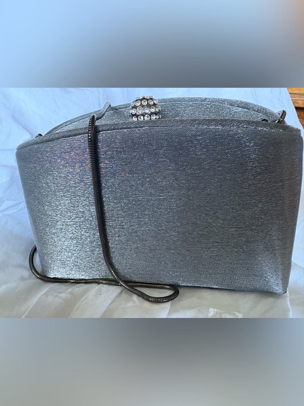 Elan Silver Grey Platinum Structured Satin Purse Clutch Rhinestone Clasp Chain